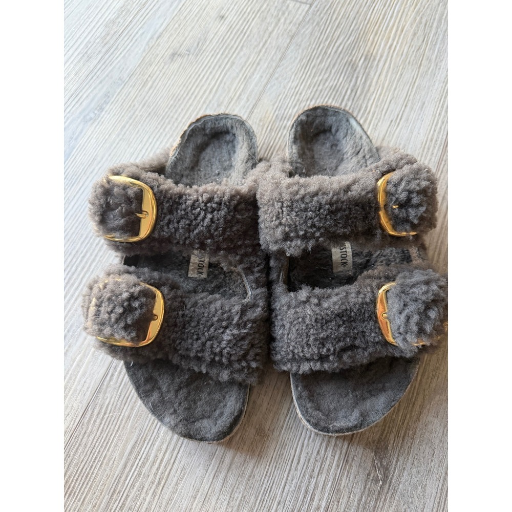 Birkenstock Arizona Big Buckle Shearling Sandals Concrete Grey Gold Buckle 38